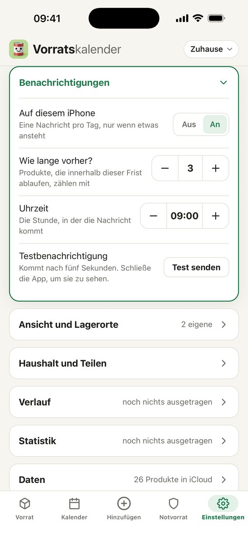 Die Einstellungen für Benachrichtigungen: an oder aus, wie viele Tage vorher und um wie viel Uhr.